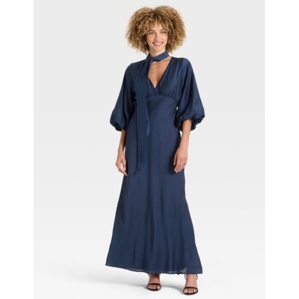 Women's Size Medium Tie Neck Maxi Dress - A New Day Navy Blue